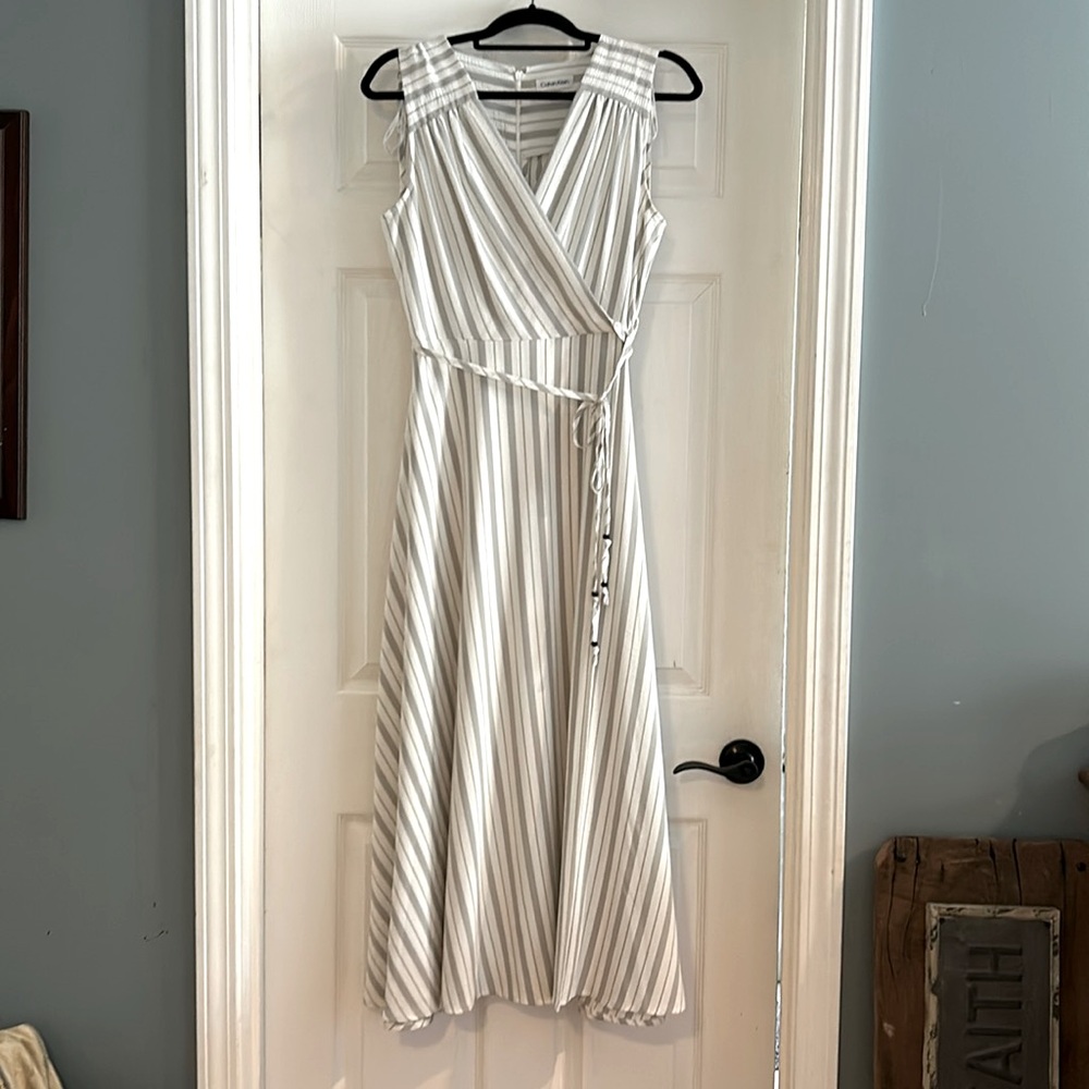 Calvin Klein dress, size 12.  Gray stripe, faux wrap style.